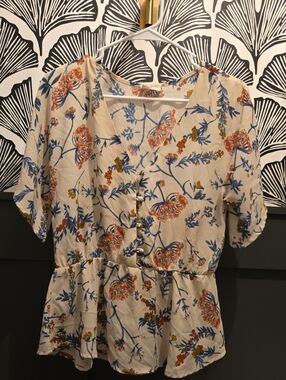 Sienna Sky Cream Blouse with Blue & Rust Floral Print